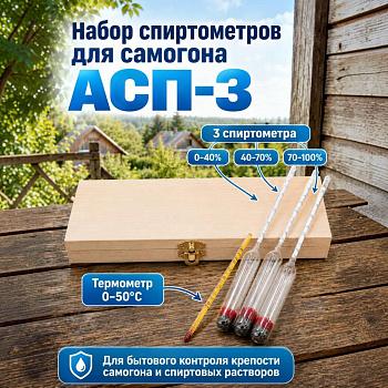 Набор ареометров спиртометров "Ретро" в деревянном футляре 0-40%, 40-70%, 70-100% с термометром