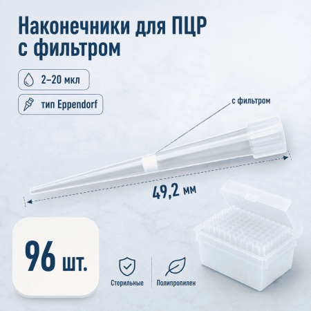 Наконечники для ПЦР, 2-20 мкл, тип Eppendorf, с фильтром, 96 шт. в штативе, Aptaса - В наличии