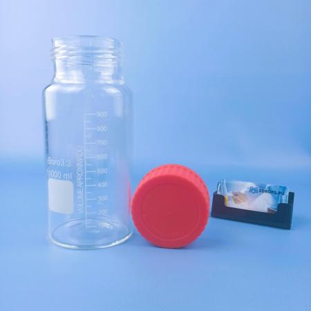 Банка для реактивов 1000 мл, стекло Boro 3.3, светлое стекло, широкое горло GL80, с винтовой крышкой, градуированная