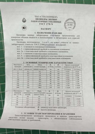 Цилиндр мерный 3-250-1, 250 мл, с пластиковым основанием, 1-го класса точности, с носиком