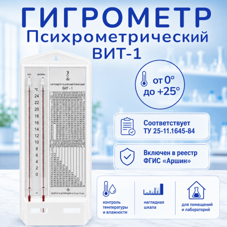 Гигрометр психрометрический ВИТ-1 (0 +25°C), ц.д.0,2., пластиковый питатель (ТУ 25-11.1645-84) - В наличии