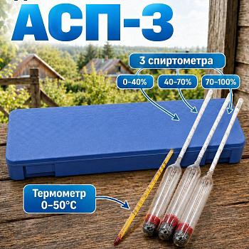 Набор ареометров спиртометров "Blue Alco" в пластиковом футляре 0-40%, 40-70%, 70-100% с термометром