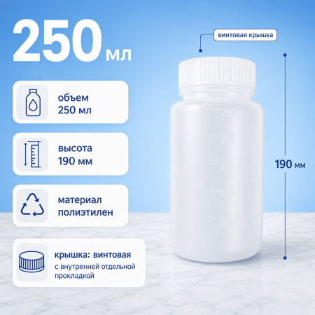 Банка, 250 мл, ПЭ, с винтовой крышкой и прокладкой - В наличии