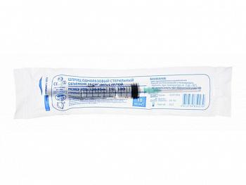 Шприц 10 мл 3-х комп.игла в комплекте (0,8х40) 21 G полибэг 60 шт в уп.