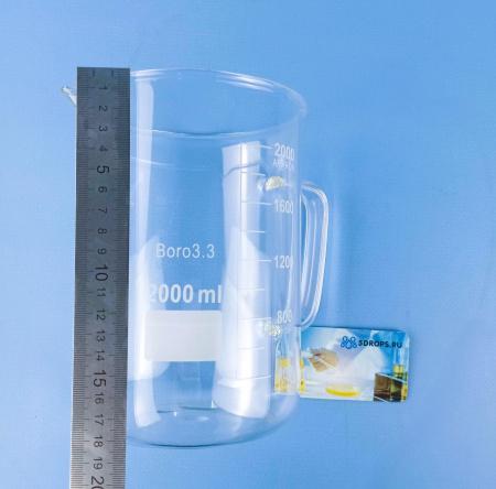 Стакан лабораторный со стеклянной ручкой 5drops В-1-2000, 2000 мл, стекло Boro 3.3, градуированный