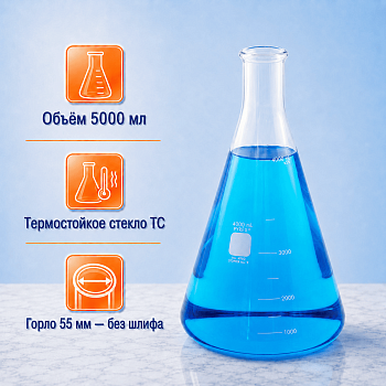 Колба коническая (Эрленмейера) КН-2-5000-55, 5000 мл, горло 55 мм, без шлифа