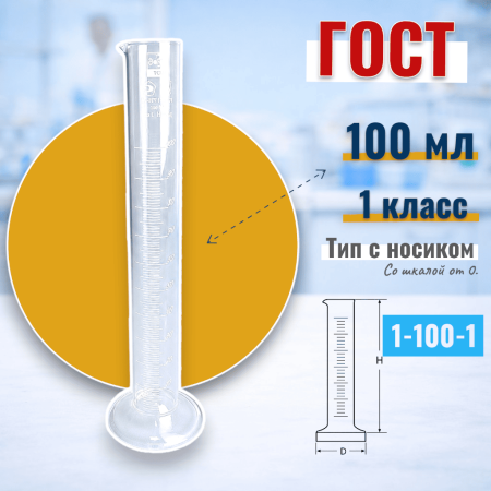 Цилиндр мерный 1-100-1, 100 мл, со стеклянным основанием, с носиком, шкала от 0 (ГОСТ 1770-74) - В наличии
