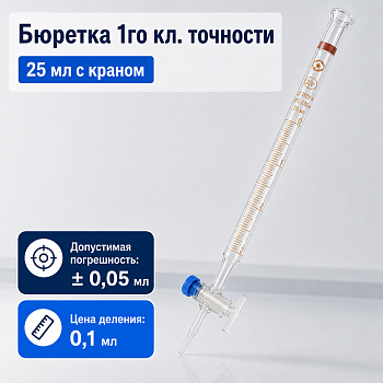 Бюретка с краном 1-1-1-25-0,1, 1-го кл. точности, 25 мл, M.Med