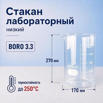 Стакан лабораторный низкий 5drops Н-1-5000, 5000 мл, стекло Boro 3.3, градуированный