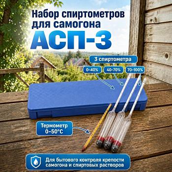 Набор ареометров спиртометров "Blue Alco" в пластиковом футляре 0-40%, 40-70%, 70-100% с термометром