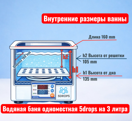 Водяная баня одноместная 5drops-1S на 3 литра, с защитой от перегорания без воды
