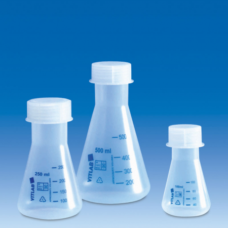 Колба коническая, 100 мл, с навинч. крышкой, синяя шкала, полипропилен, VITLAB - Под заказ