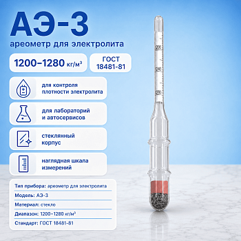 Ареометр для электролита АЭ-3 (1200....1280 кг/м³), (ГОСТ 18481-81)