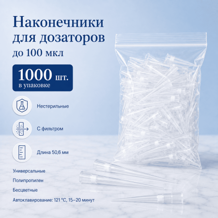 Наконечники для дозаторов 10-100 мкл, с фильтром, универсальные, п/п, 1000 шт/упак - В наличии
