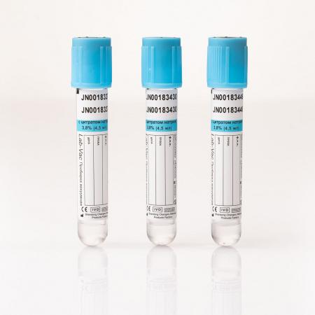 Пробирки с цитратом натрия 3,8%, 4,5 мл, 13х100 мм, 100 шт, пластик, для коагулологических исследований, Lab-Vac - Под заказ